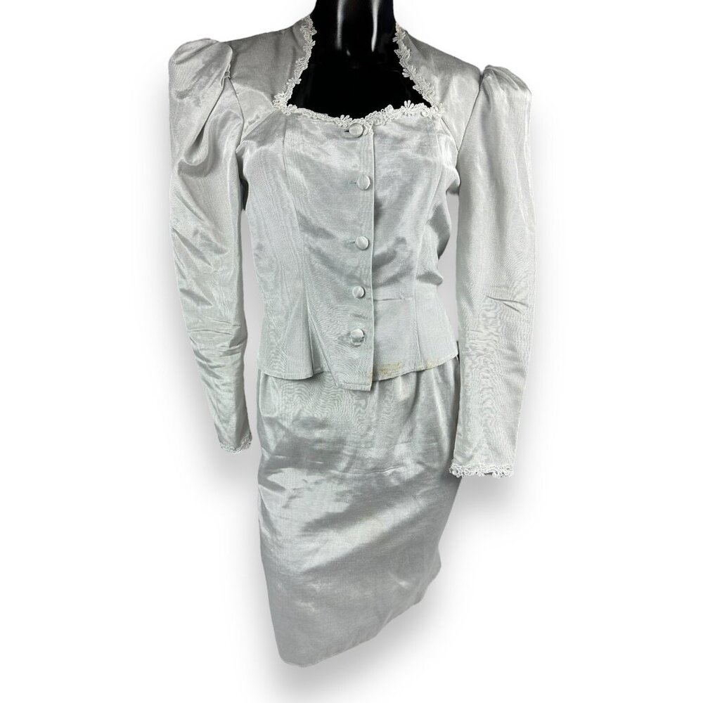 Vtg 2pc Gunne Sax By Jessica McClintock Jacket & Skirt Outfit Set Pale Gray 5/6